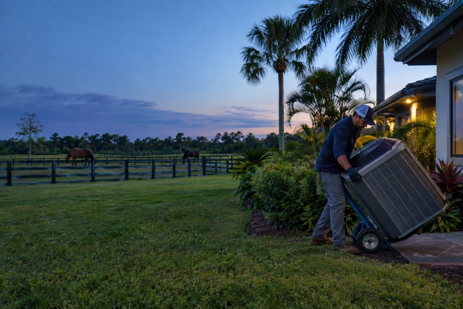 An installer lowering a condenser off a hand truck at a rural ranch home on acreage with horse paddocks in Loxahatchee, FL