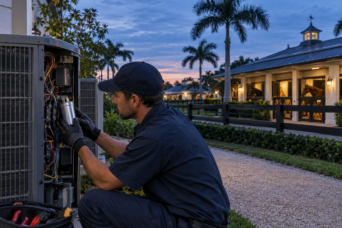A technician checking a capacitor inside the condenser panel inside a luxury equestrian estate with barns in Palm Beach Point, FL